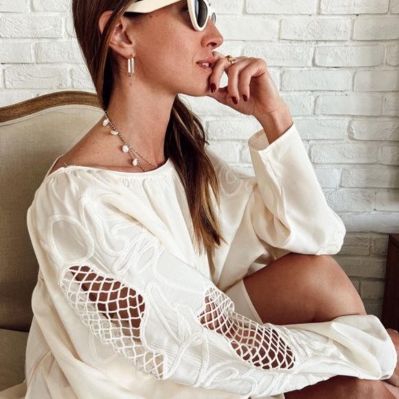 NWT H&M Low Back Voluminous Embroidery Sleeves Mini Dress - Picture 6 of 14